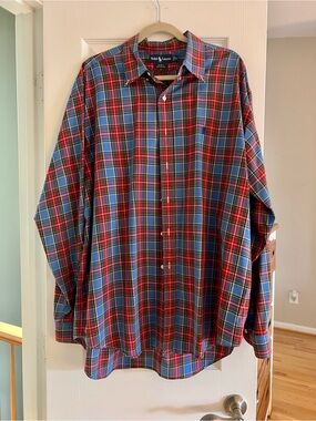 Ralph Lauren Red and Blue Plaid Cotton Button-Down Shirt
